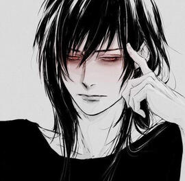 a very tired looking man with a long shaggy black emo cut. his eyes are glowing red and he looks deeply exhausted