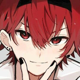 a boy with red hair and red eyes. he has the most DIABOLICAL smirk. he's got a few ear piercings and his nails are painted black